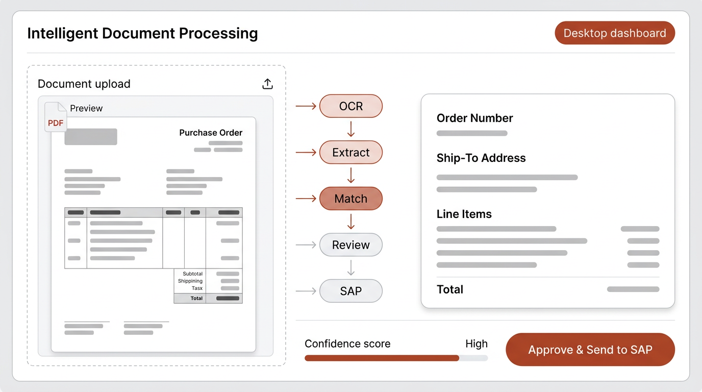 Intelligent Document Processing dashboard showing document upload, multi-step processing pipeline (OCR, Extract, Match, Review, SAP), extracted data fields, and approval controls